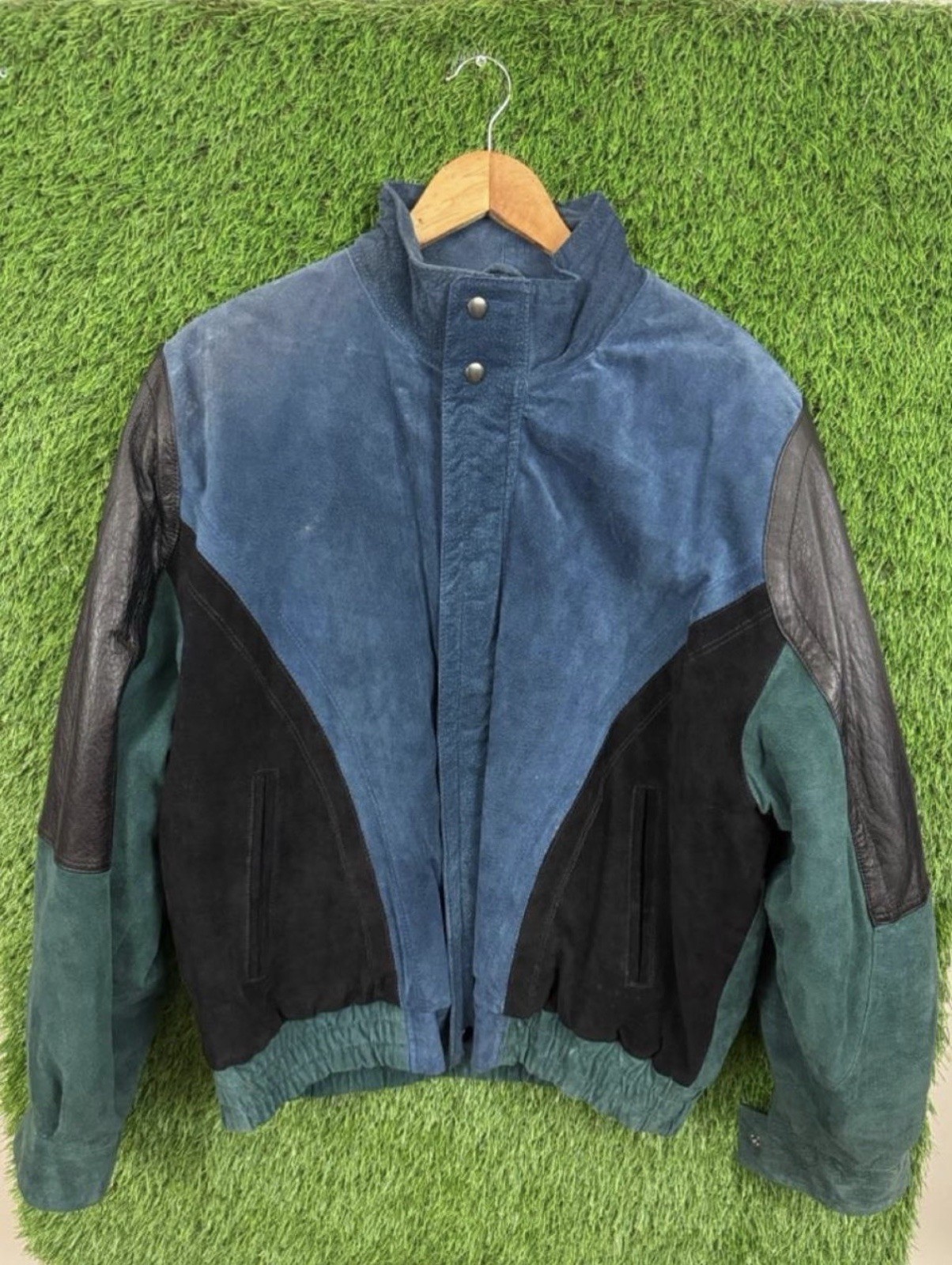 Vintage Saxony Suede Leather Jacket Size L Geometric Color Block Bomber 90s