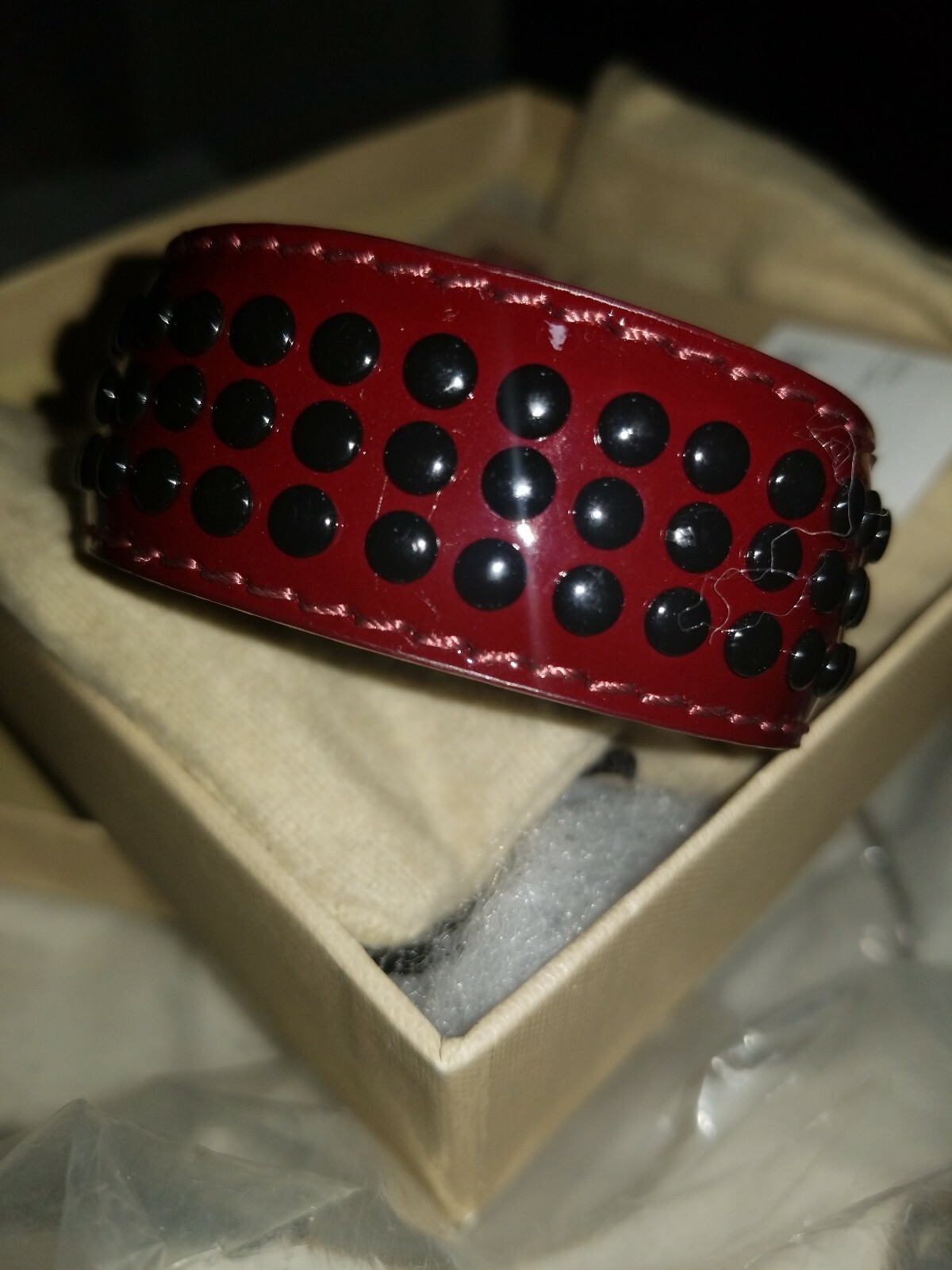 BURBERRY LEATHER CUFF BANGLE BERRY RED BLACK GROMMETS NEW TAGS UNISEX