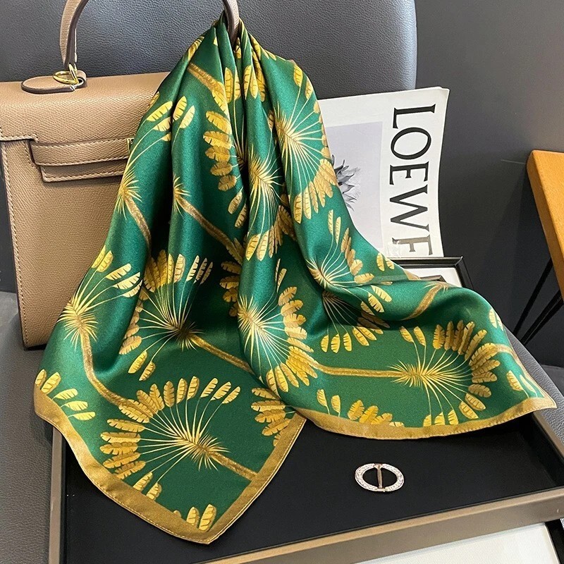 100% Silk Square Scarf Women Green Golden Wheat Kerchief Headscarf Tied 68*68cm