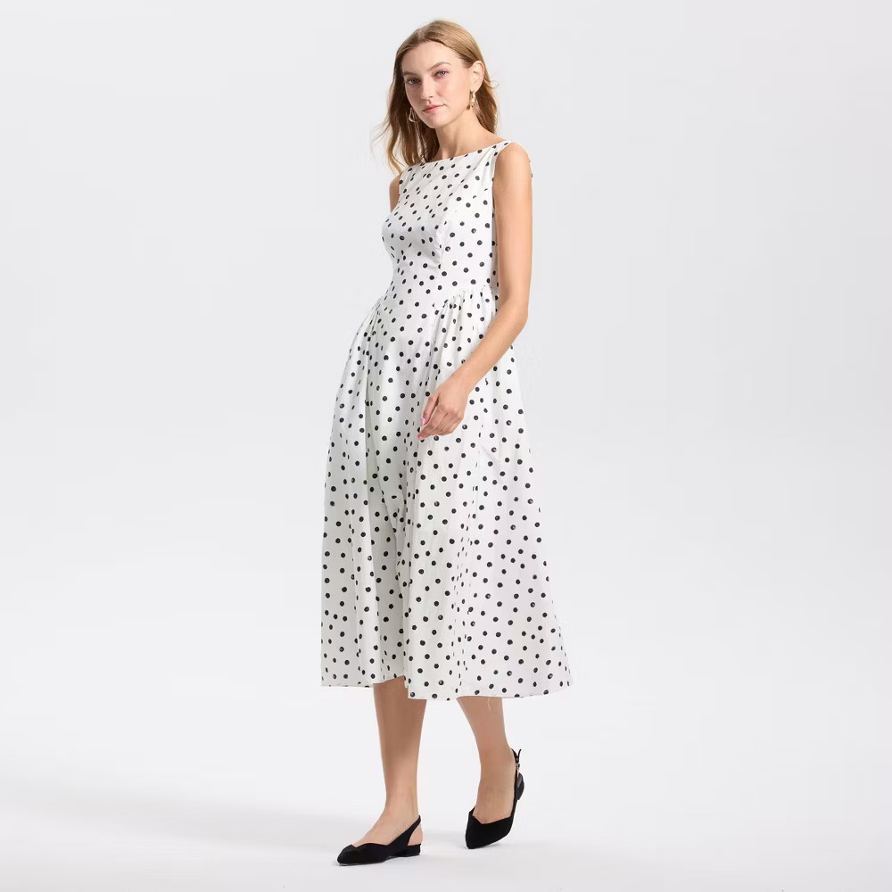 Women Sleeveless Cap Sleeve Gathered Waist Midi A-Line Dress – A New