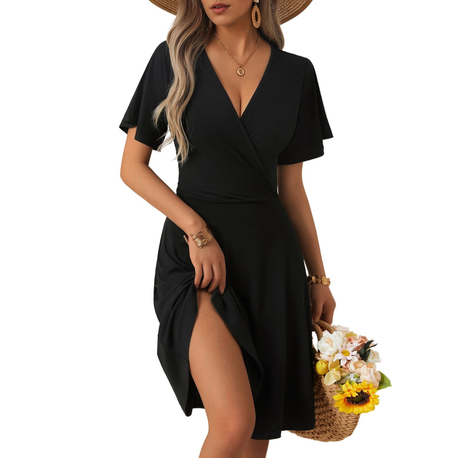 Womens Sundress Summer Floral Short Sleeve Wrap V Neck A-Line Midi Dress