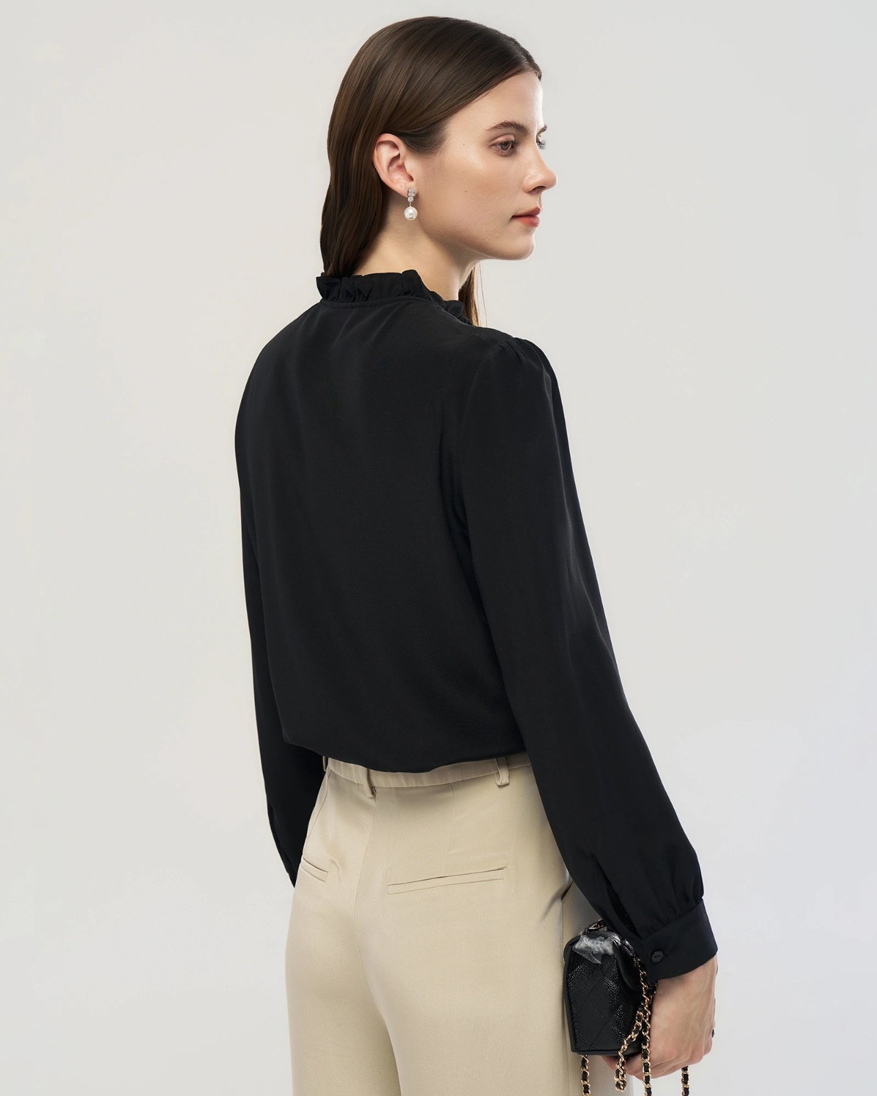 Long Sleeve Silk Blouse with Ruffle Trim