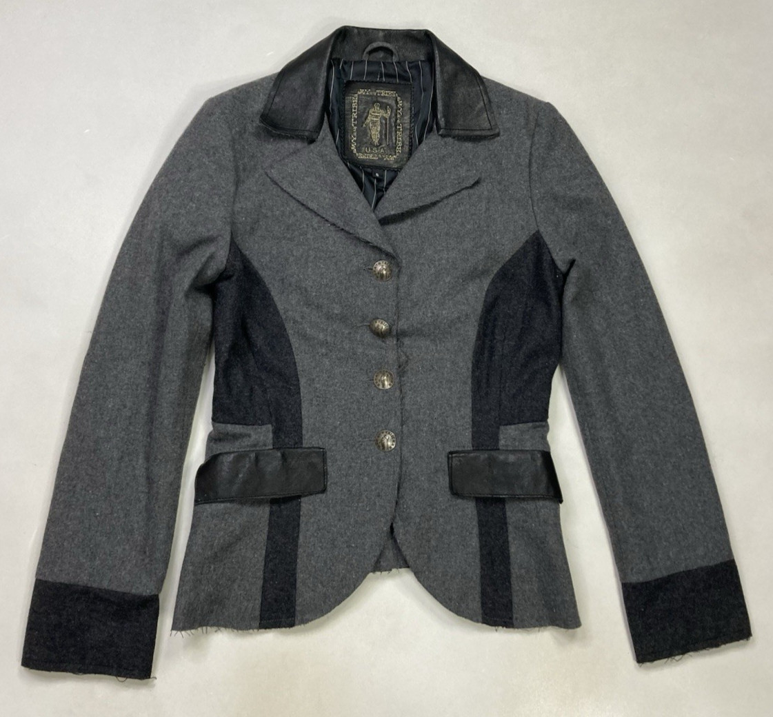 My Tribe Wool Blend Leather Trim Blazer Jacket Women Small Gray Black USA