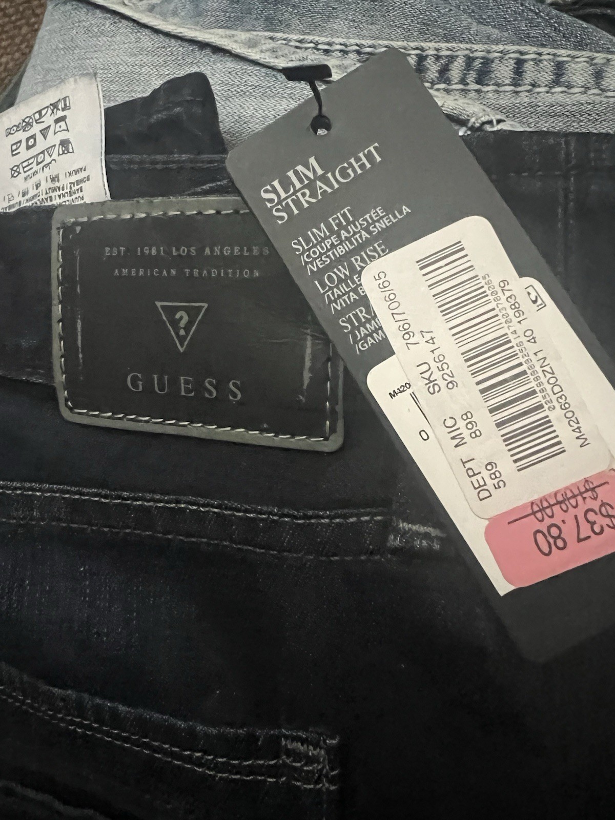 GUESS Men’s Slim Fit Straight Leg Low Rise Dark Wash Denim Jeans Cotton
