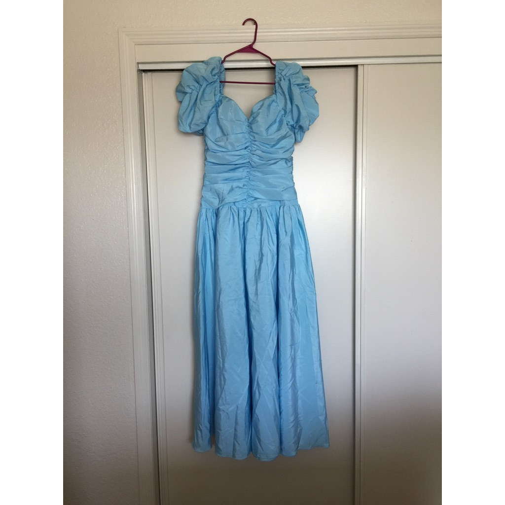 Mori Lee Womens Gown Dress Blue Ruched Midi Sweetheart Neck Puff Sleeve 16 New