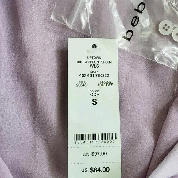 Bebe Lilac Purple Poplin Peplum Structured Long Sleeve Blouse Shirt Small NWT