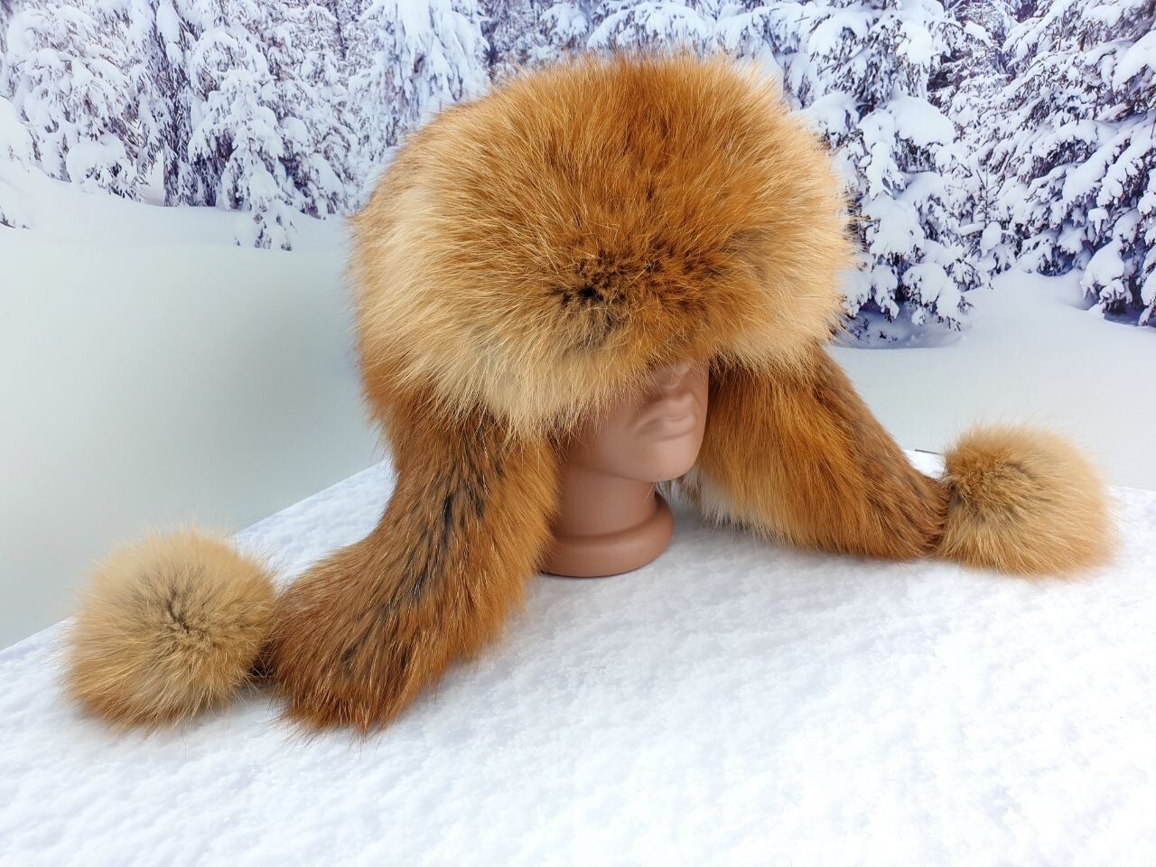 Real red fox fur women winter trapper hat Ushanka style Ears flap