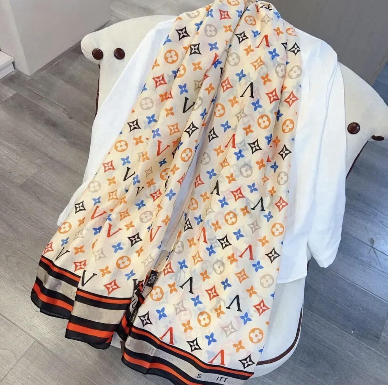 Louis Vuitton Luxury Silk Multicolor scarf Monogram 70” X 35” Made In Italy