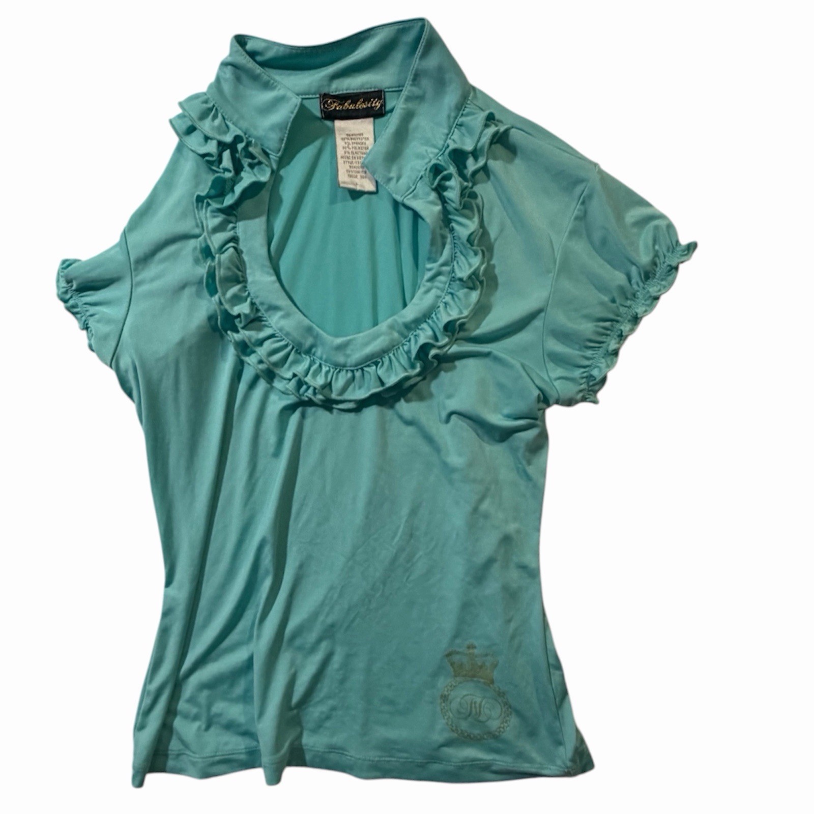 Fabulosity Kimora Lee Simmons Women’s Ruffle Blouse Top Aqua Short Sleeve Size L