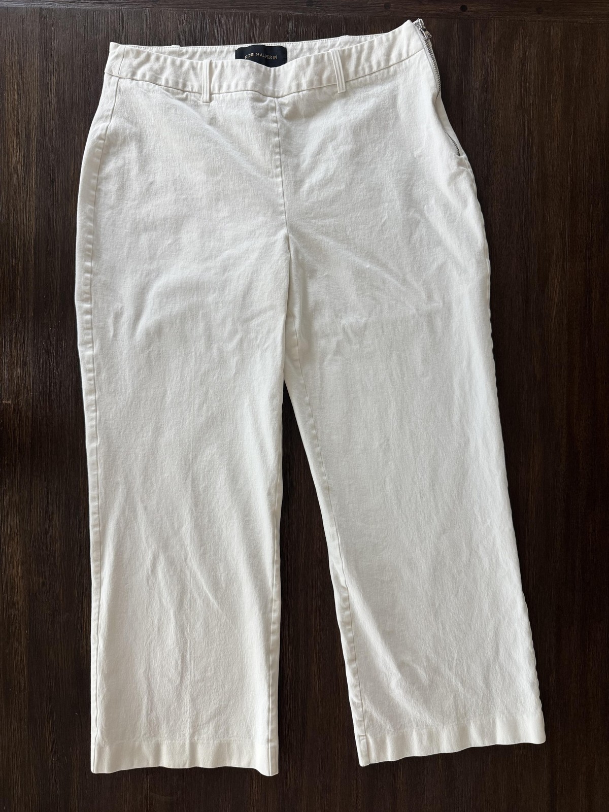 Kobi Halperin Pants Womens 10 White Cropped Twill Stretch Side Zip Wide Leg