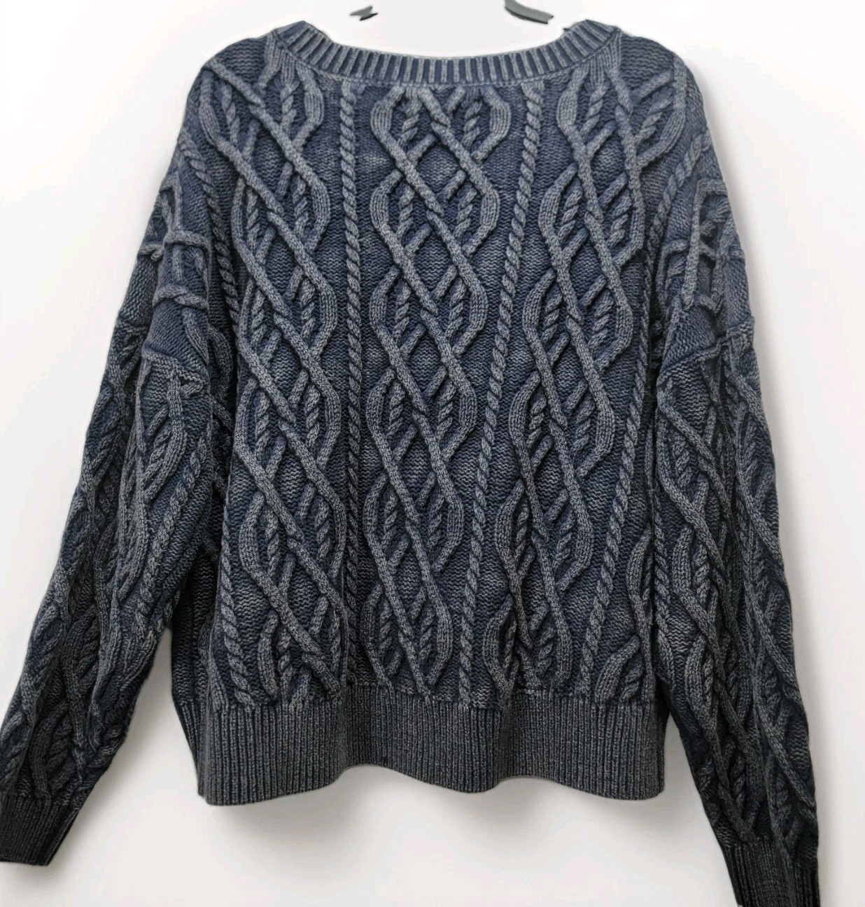NWT Lucky Brand Cadet Navy Acid Wash Chunky Cable Knit Pull Over Sweater Wom XL