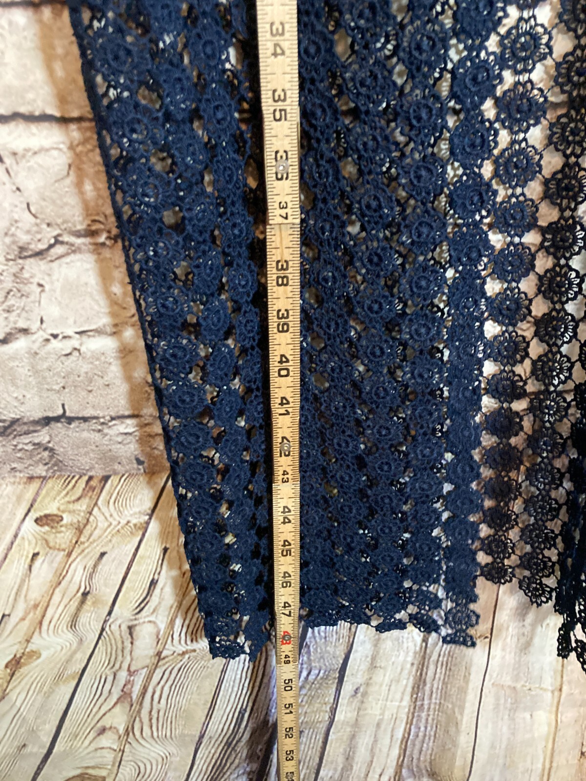 Young at Heart L.A. Top Women Small Navy All Over Crochet Long Length Open Front