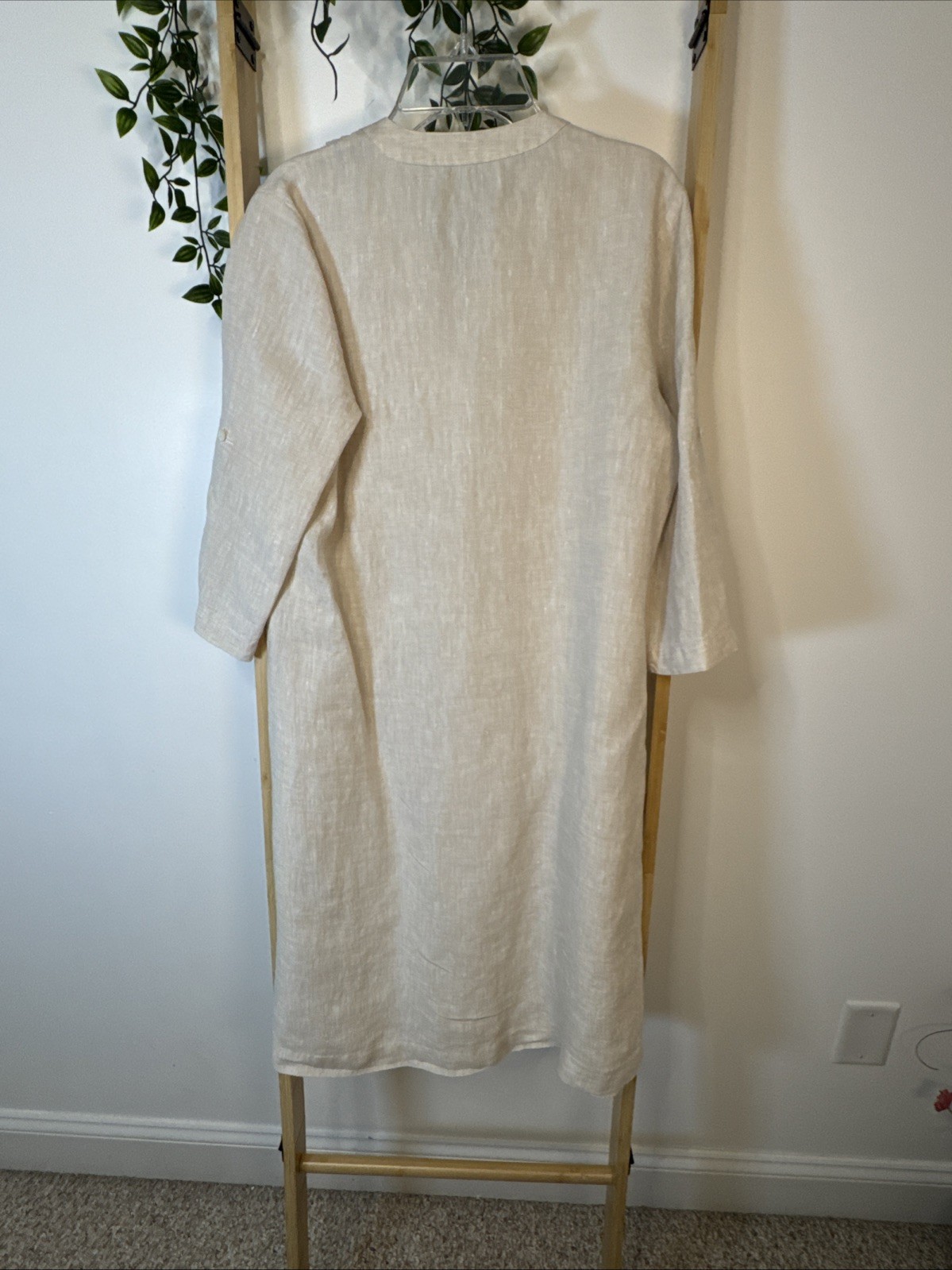 J. McLaughlin Riviera Linen Dress 3/4 Sleeve Pintuck Button Front Beige Tan Sz S