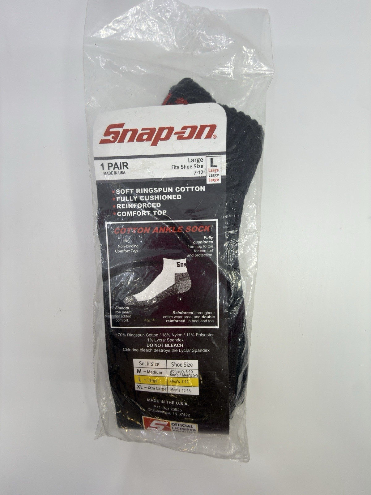 Men’s BLACK Snap-On Ankle Socks LARGE (7-12) *Made In USA* New In Package