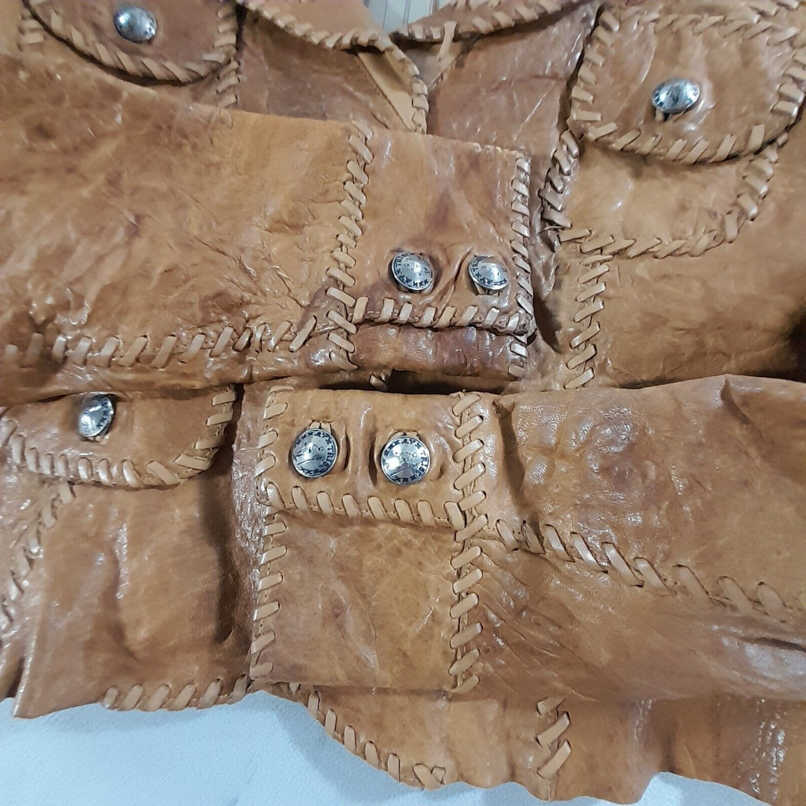 My Tribe Jacket Orange Thick Leather Whipstitch Lined Metal Button Closure USA