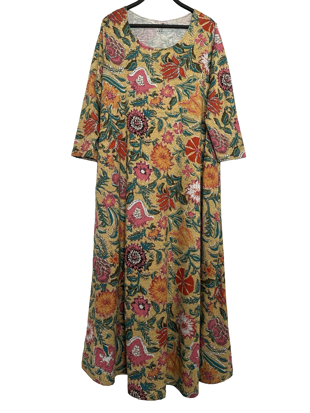 Natural Life Lottie Dress Mustard Floral Print Knit Long 3/4 Sleeve Pocket Sz L