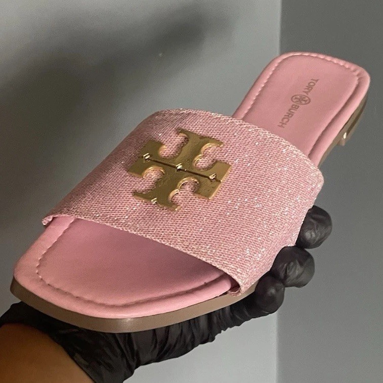 Tory Burch Women’s Pink Leather Logo Slide Sandals Slip-On Flat US 8 New