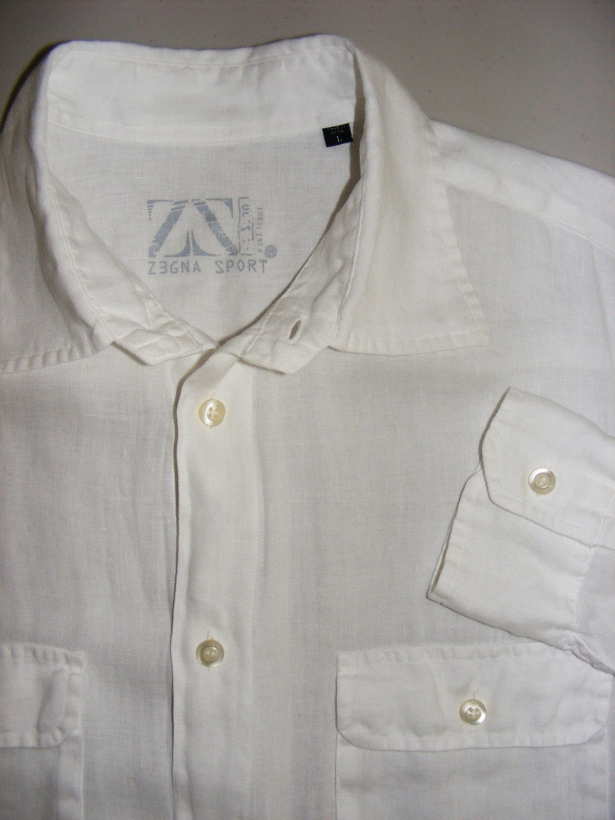 MENS SZ L ERMENEGILDO ZEGNA SPORT 100% LINEN WHITE ROLL UP BUTTON SLEEVE SHIRT L