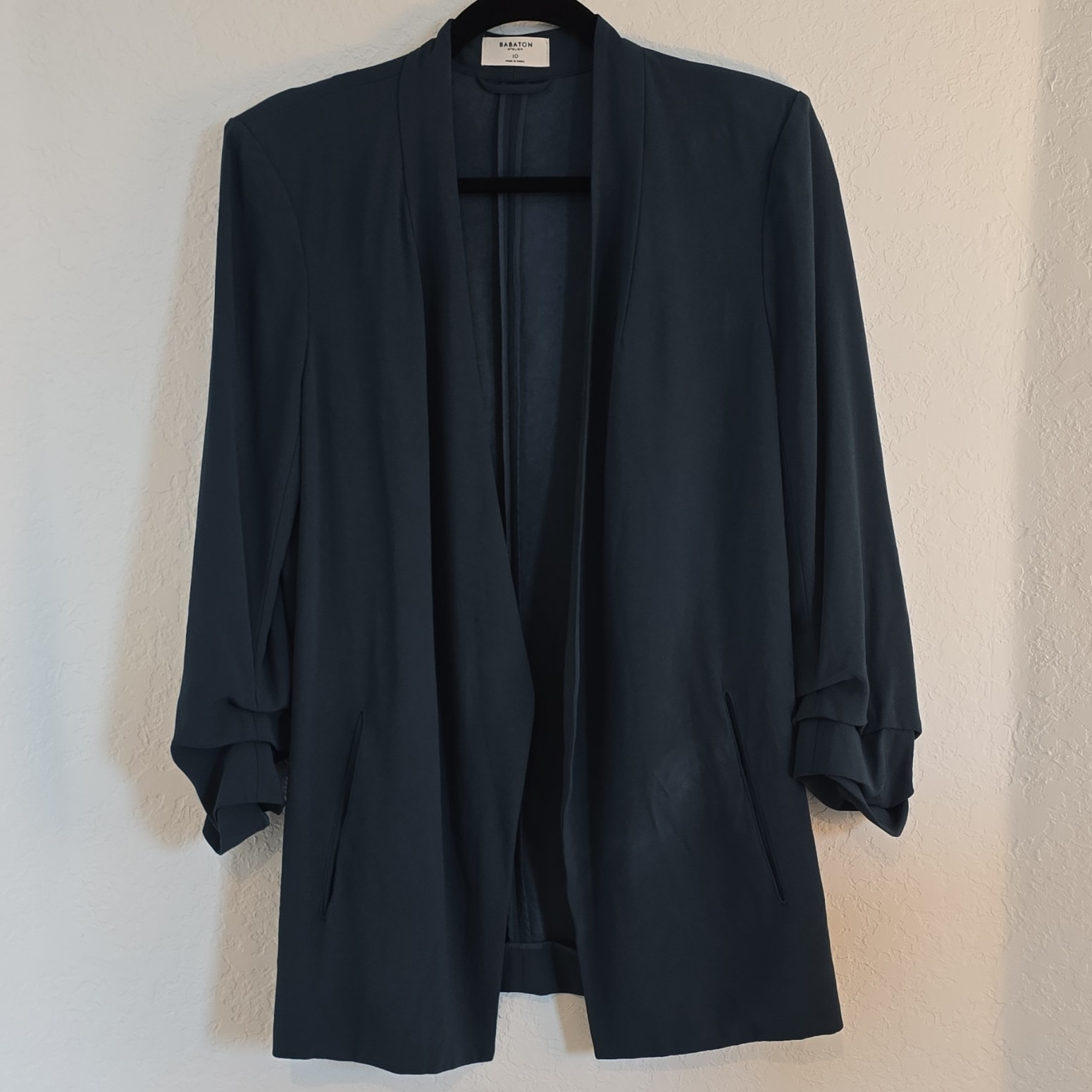 Babaton Atelier Blue Open Front Long Jacket 3/4 Sleeve Pockets Women’s 10