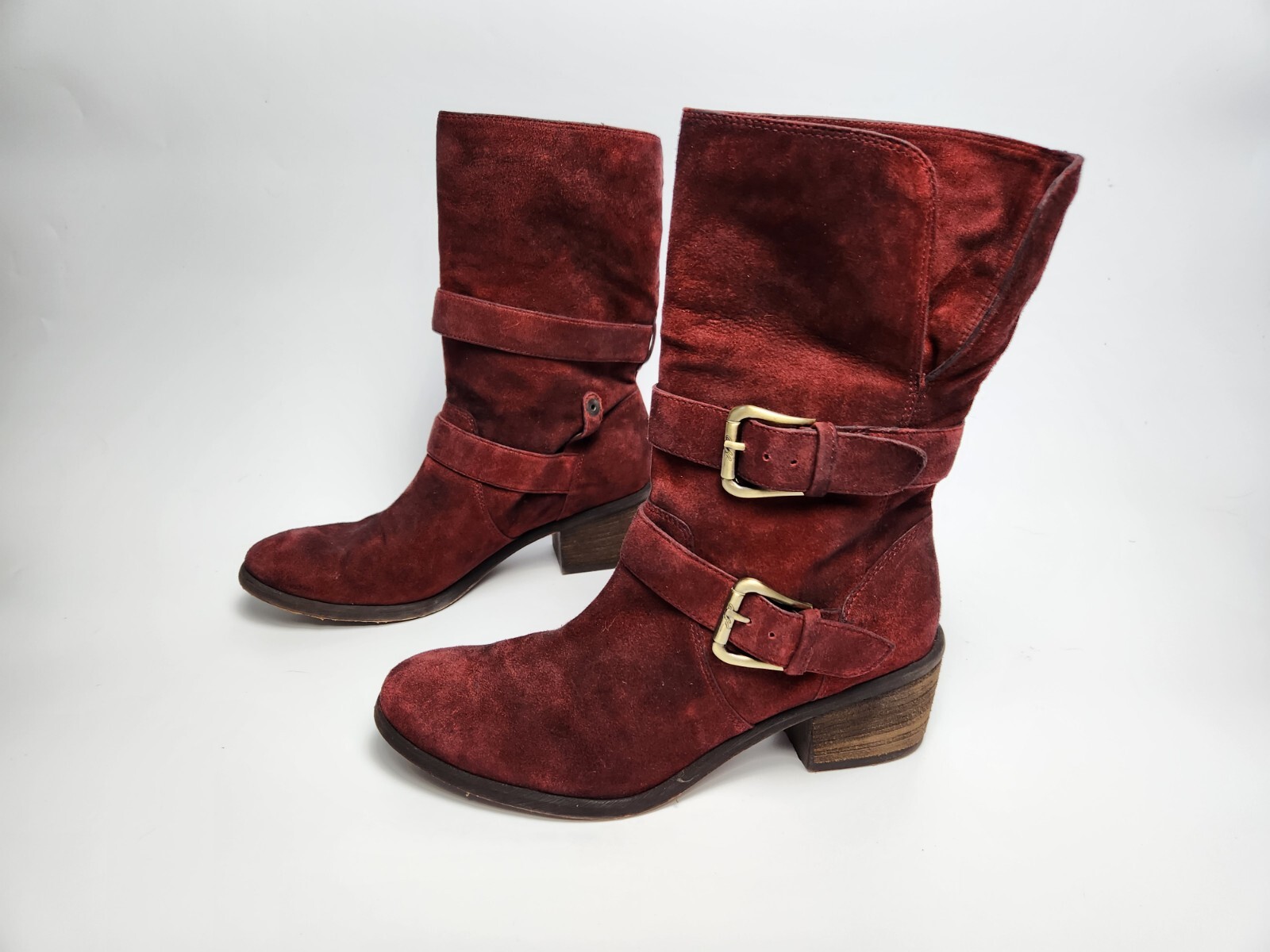 Donald J Pliner Moto Boot Size 7.5 Mid Calf Distressed Red Suede Buckle Foldup