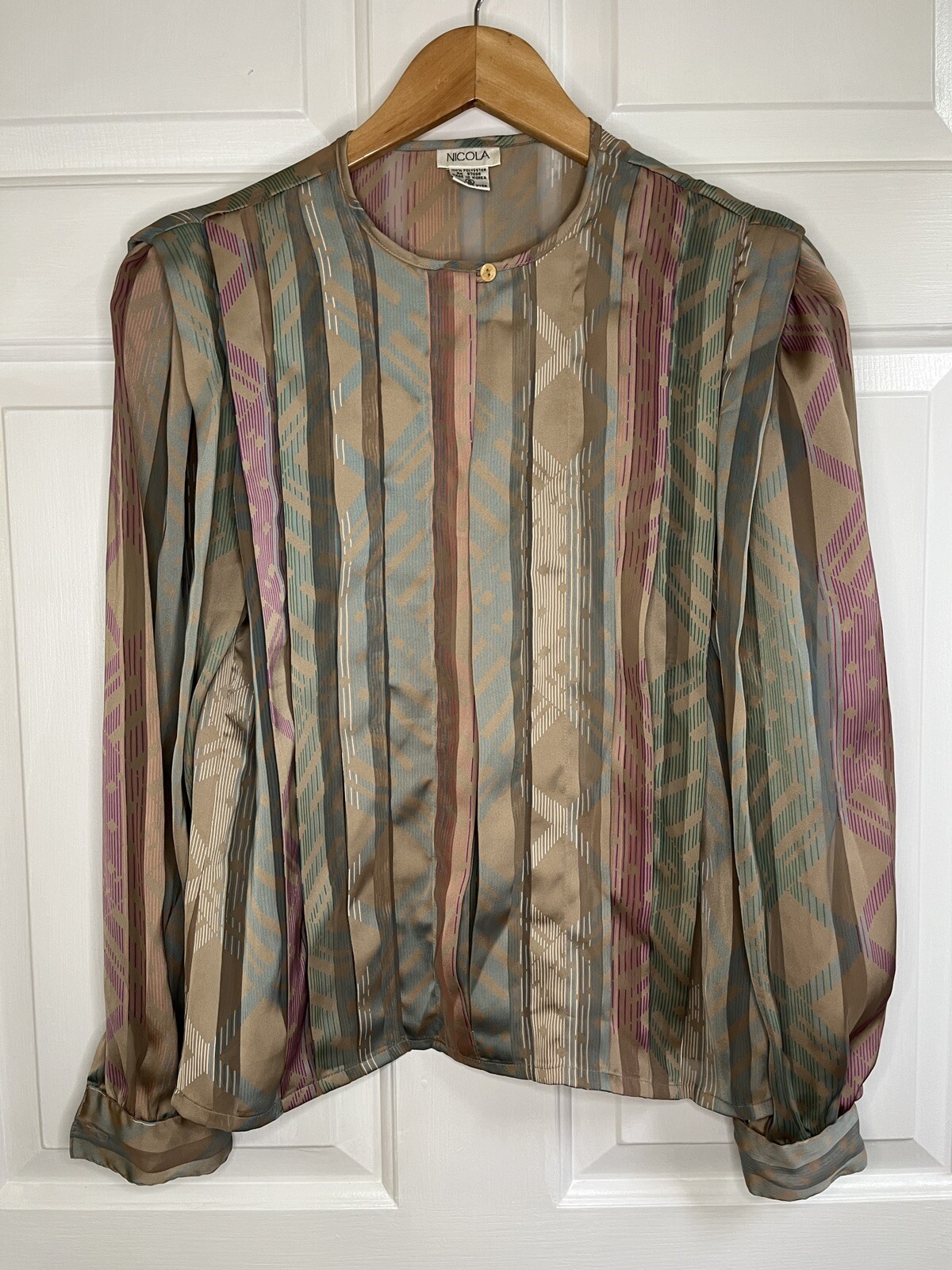 Vintage 90s 80s Nicola Blouse Women’s Size 8 Mauve Stripe Silky Sheer Glam