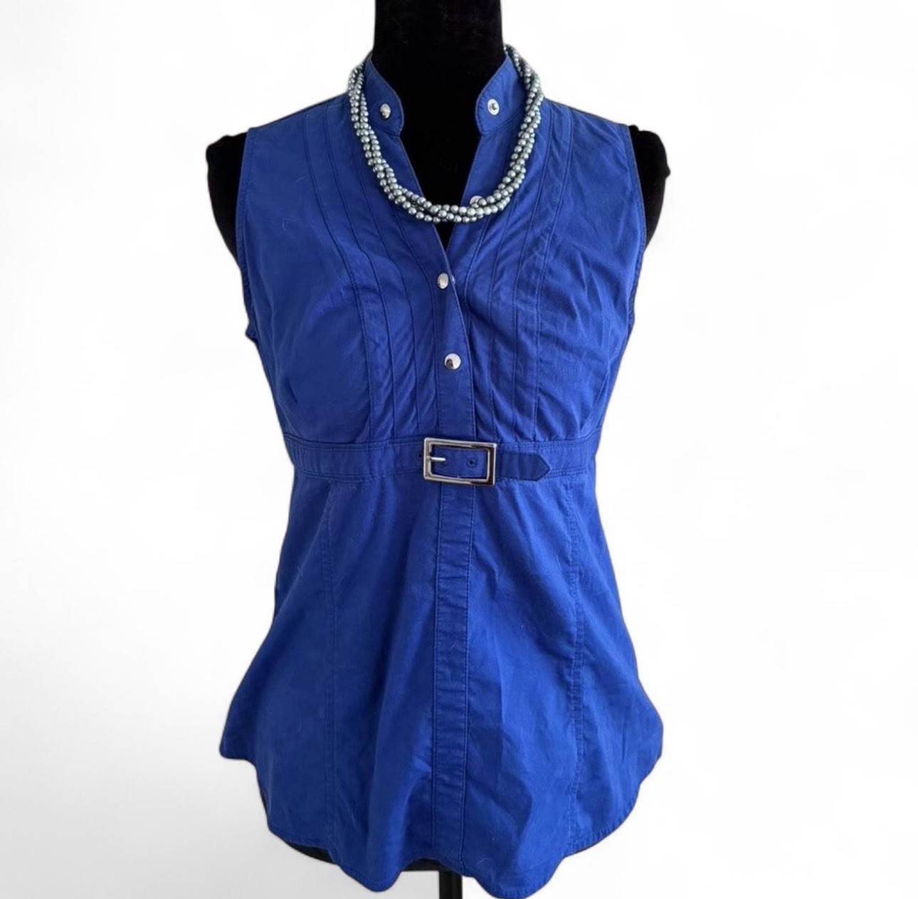 Express Design Studio Blue Solid V-Neck Sleeveless Button Front Belted Blouse S