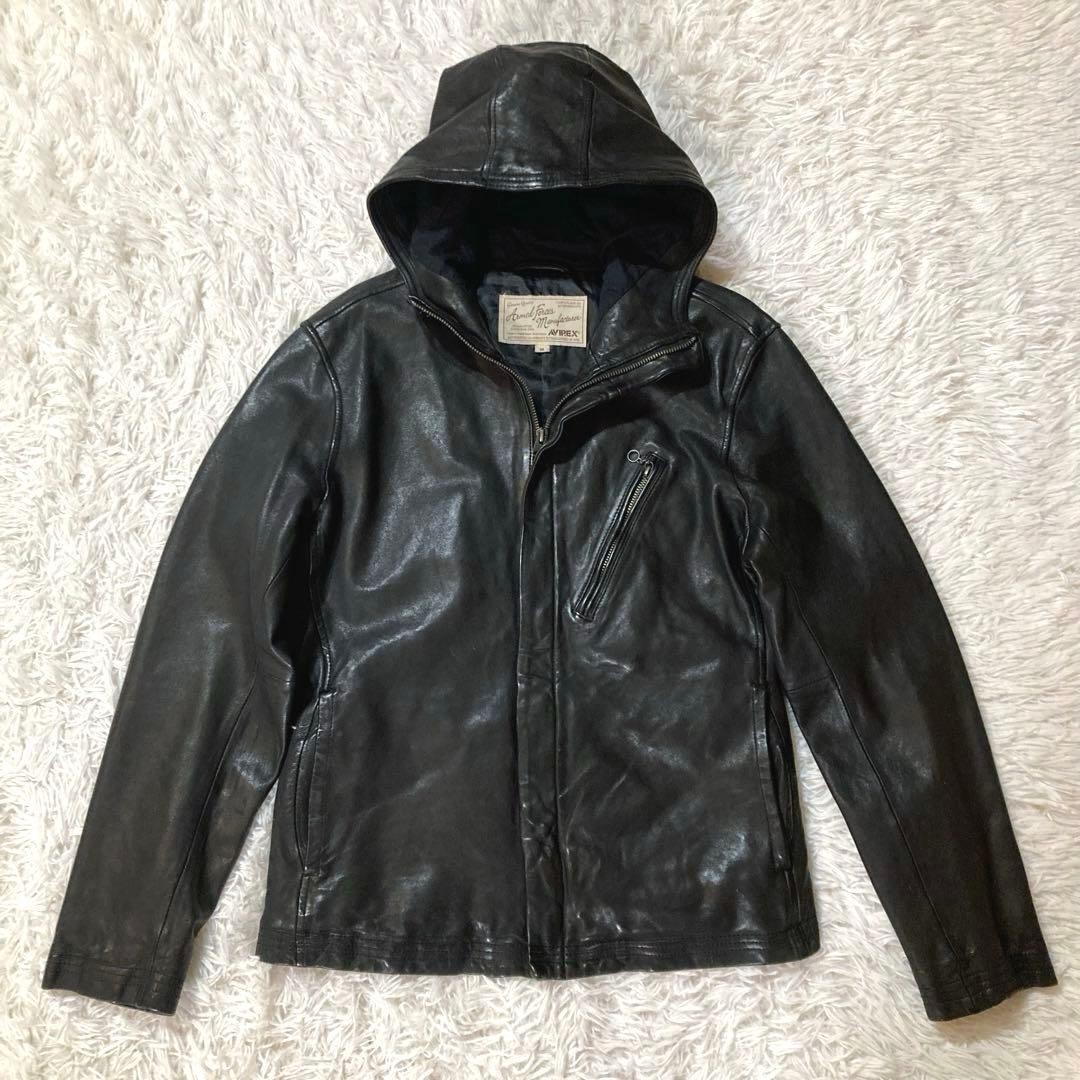 AVIREX Lamb Leather Hooded Jacket Blouson Coat Men Size M Black Genuine