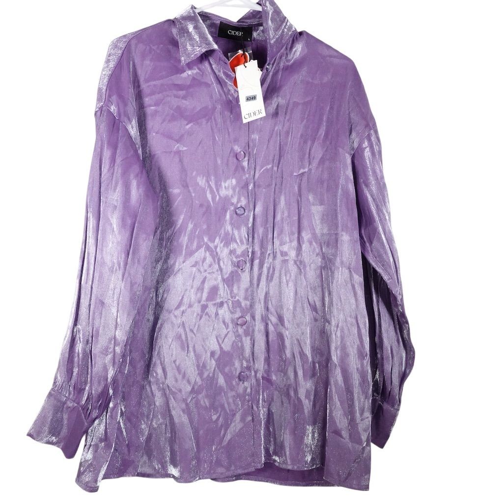 New Cider Women’s Large Purple Shiny Button-Up Party Blouse Long Sleeve 4349-21