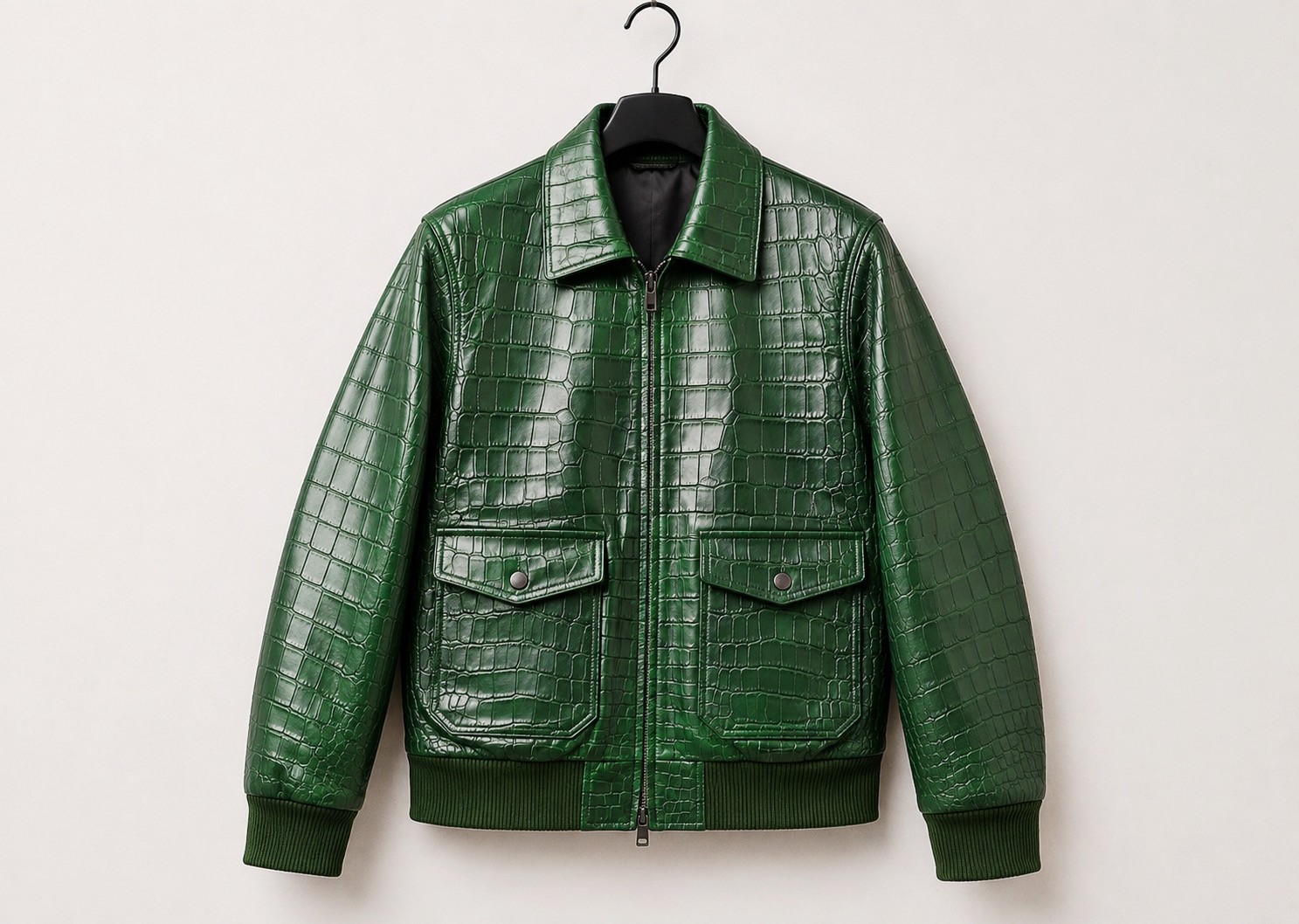 Men’s Green Croc Embossed Leather Bomber Jacket Zip Up Casual Luxury Coat