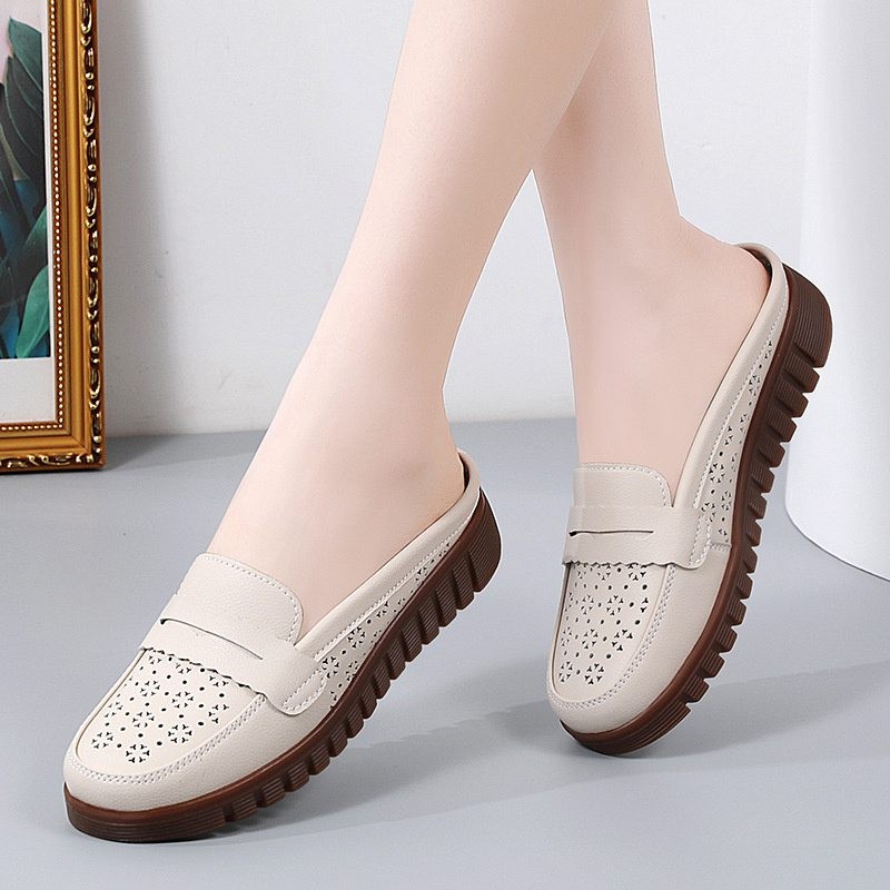 Mom Shoes Wear Beef Summer Hollowed Genuine Leather Box Slippers Women’s Outer