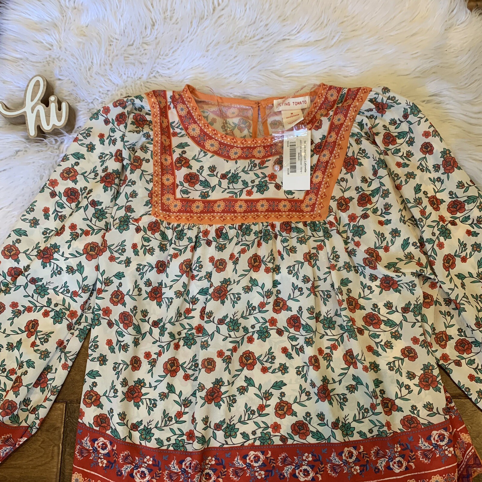 Flying Tomato Womens Boho Peasant Top Floral Lightweight Blouse Size Medium New