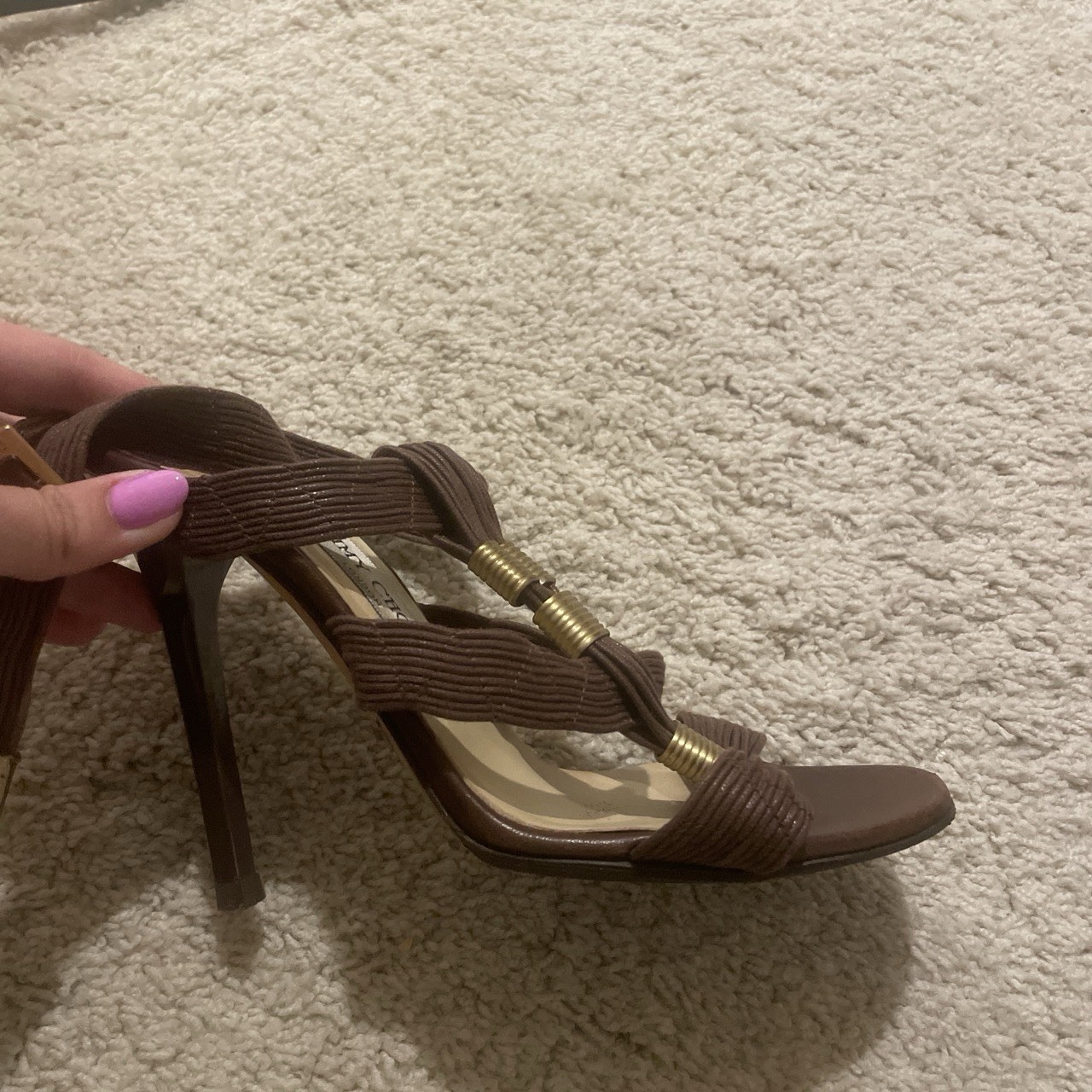 Jimmy Choo Women’s Brown Leather Strappy Ankle Strap Open Toe Stiletto 7.5