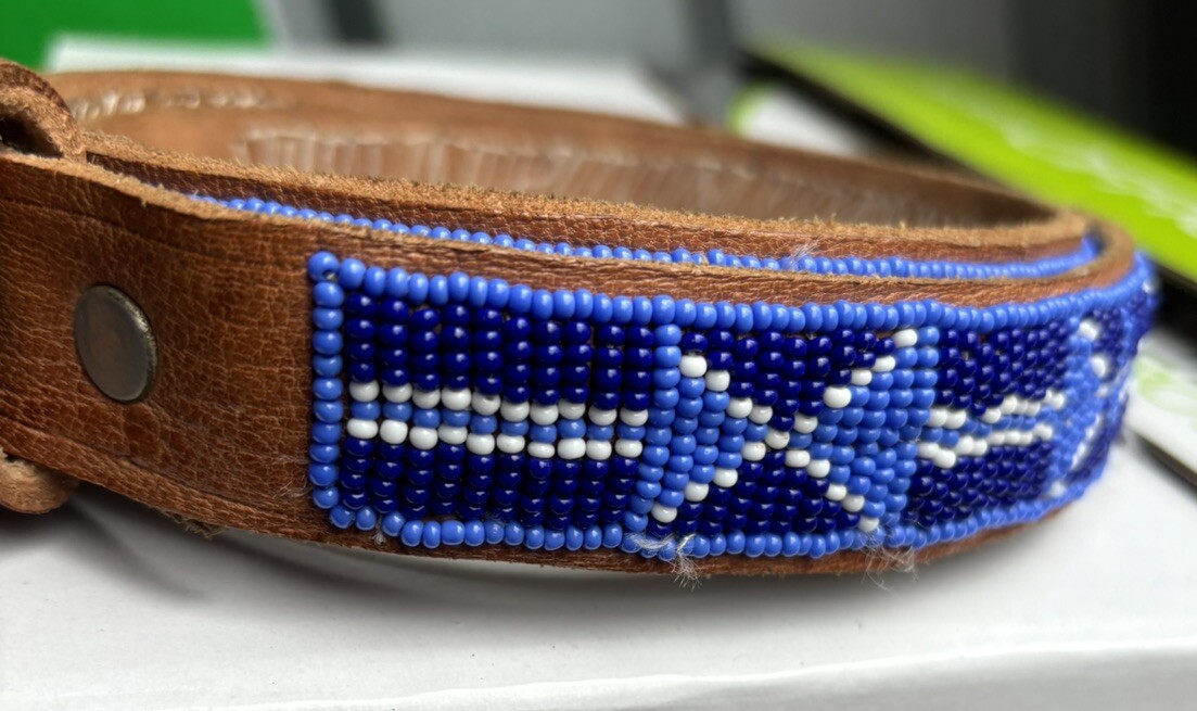 Handmade Intricate Beaded Leather Belt Blue White Southwestern Western 1” X 39”