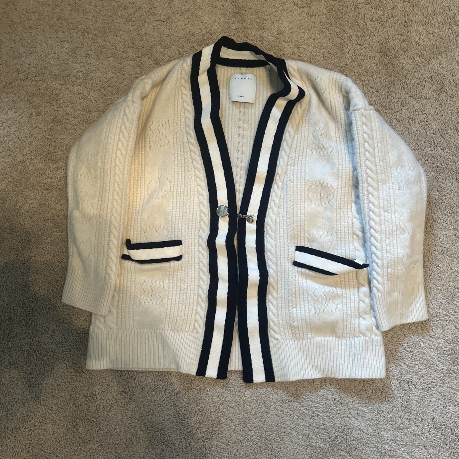 Sandro Womens Cream/Black Cardigan Sweater, Cable Knit Wool Gold Chain, Size 0