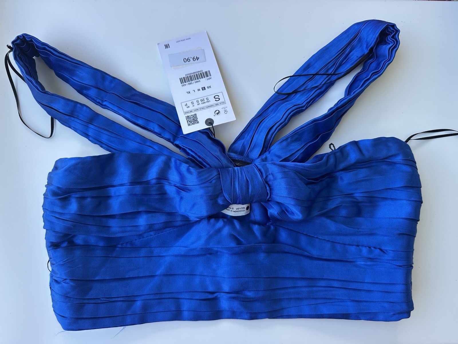 Zara Blue Satin Pleated Bow Sweetheart Bandeau Top Stretch Size S