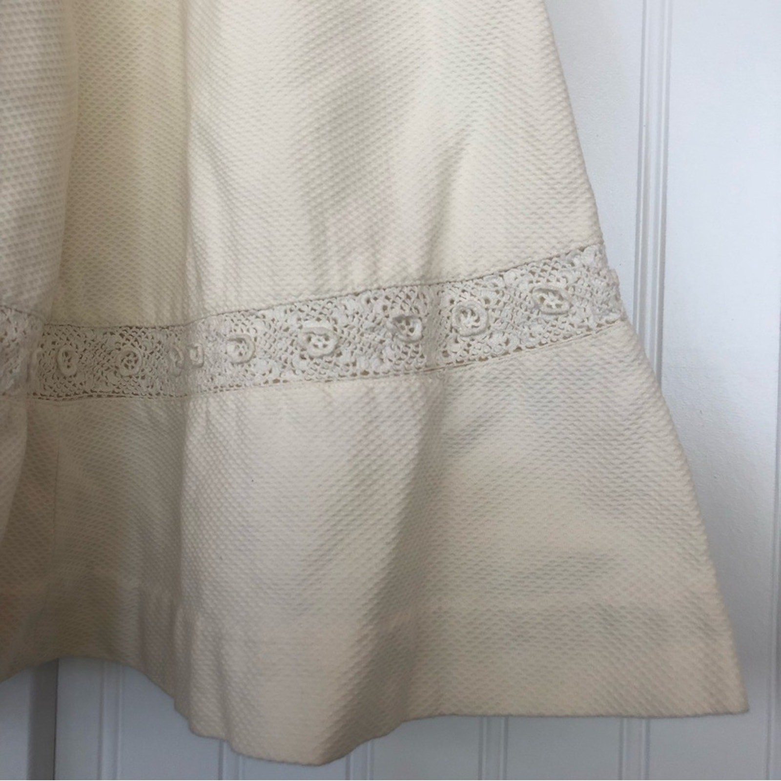 Vintage 60s Cream Lace Crochet Minidress Tie Waist Fit and Flare Pleated V-Neck