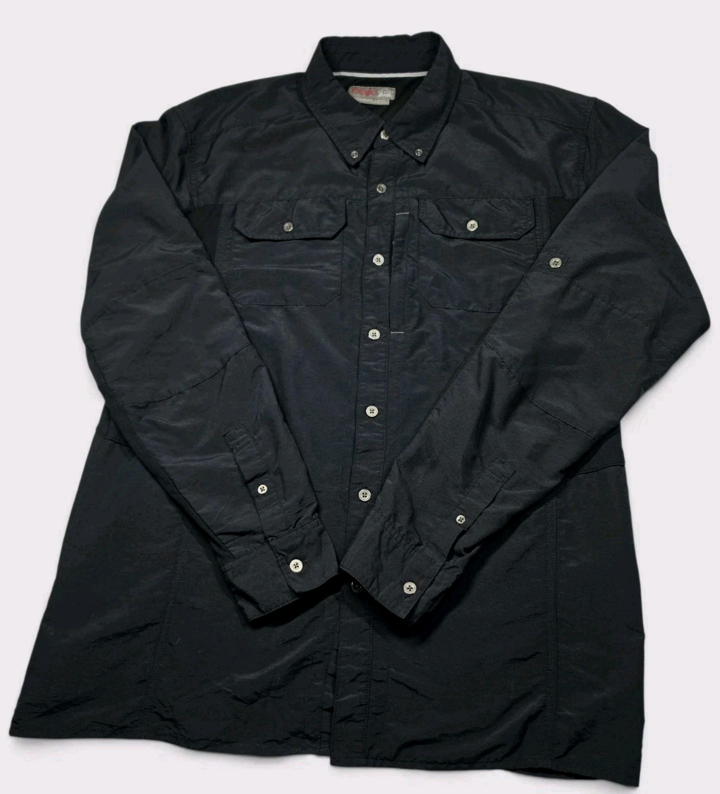 Wrangler ATG Mixed Material Button Up Shirt Mens Large Black Stretch Outdoor LS