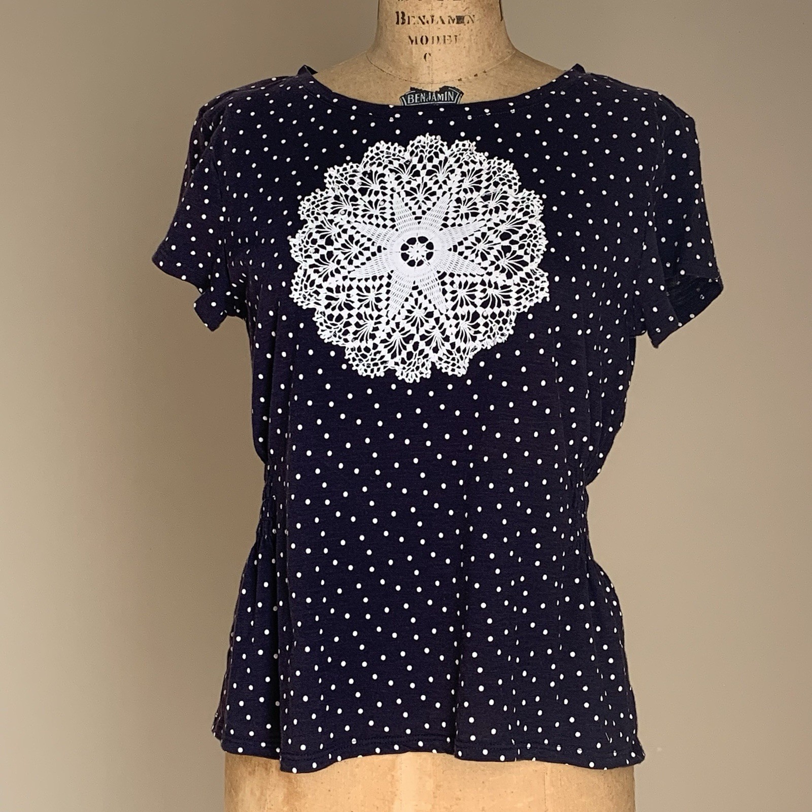 OOAK Vintage Boho LOFT Navy Polka Dot Smocked Top White Lace Doily Medallion S