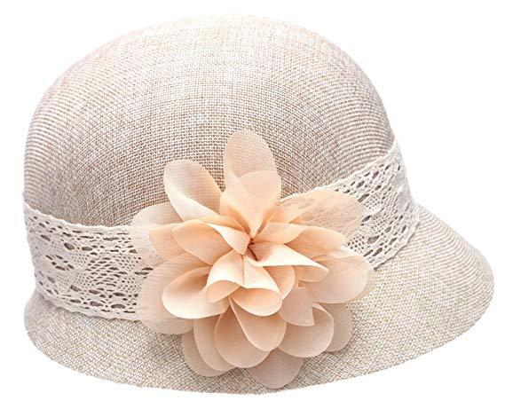 1920’s Inspired Women’s Gatsby Linen Cloche Hat With Lace Band and Flower