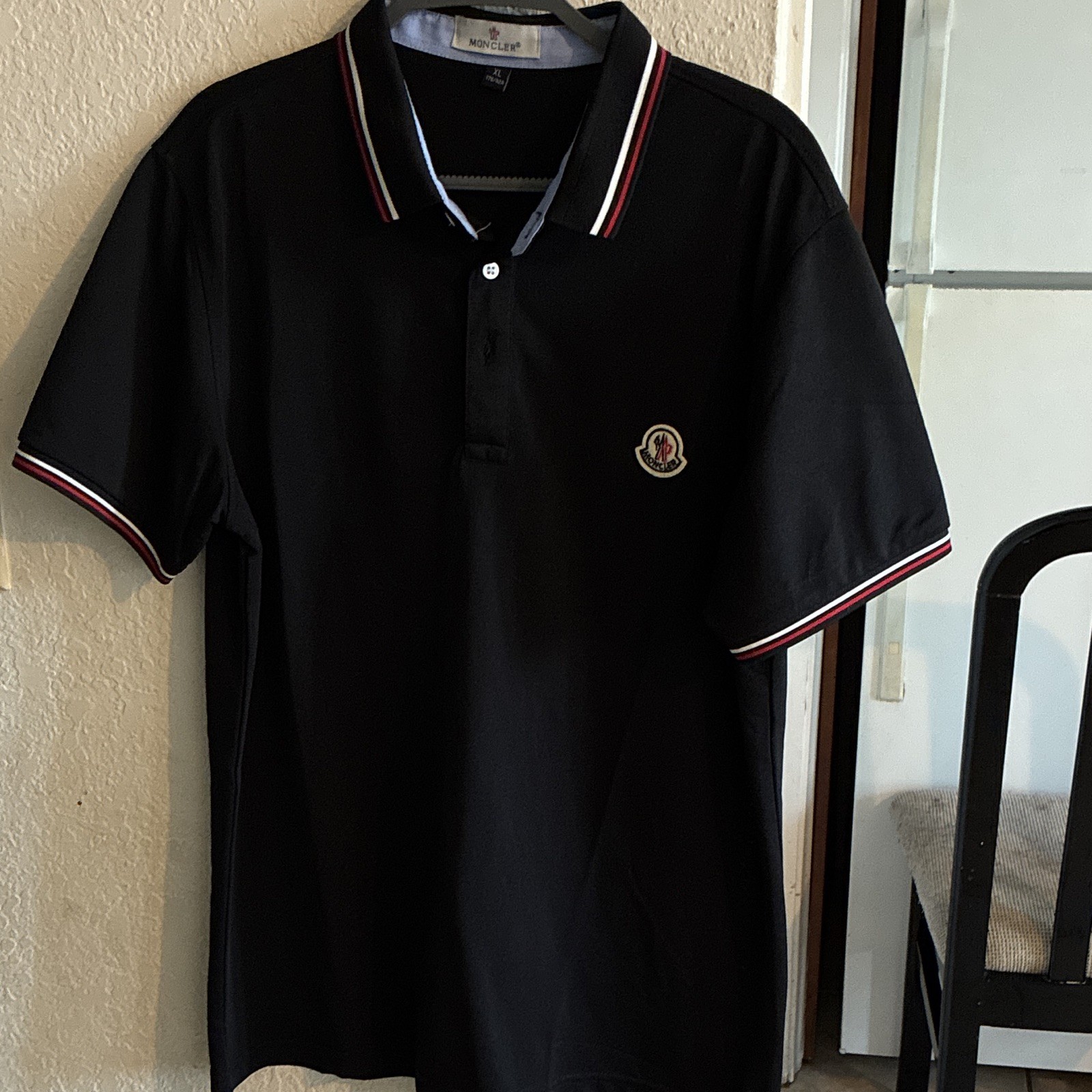 Moncler Men’s Black Solid Short Sleeve Polo Shirt L Collared Logo Patch