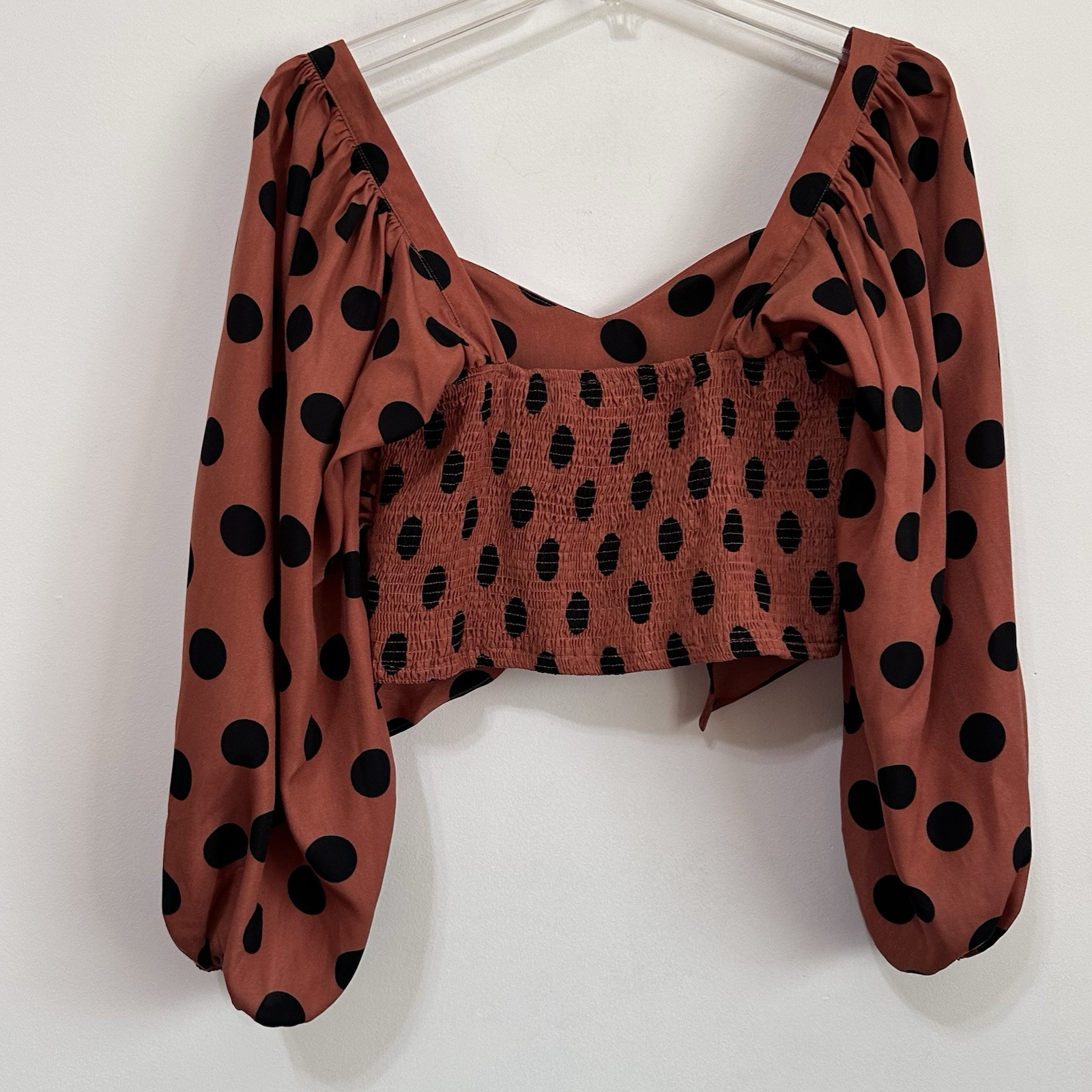 Do+Be Top L Crop Smocked Tie Front Long Sleeve Brown Polka Dot Festival Summer