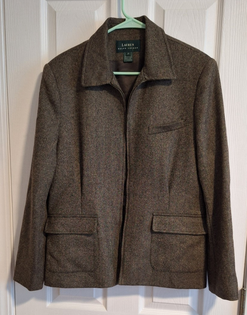 Ralph Lauren Jacket Womens 14 Brown Pure Wool Herringbone Tweed Lined