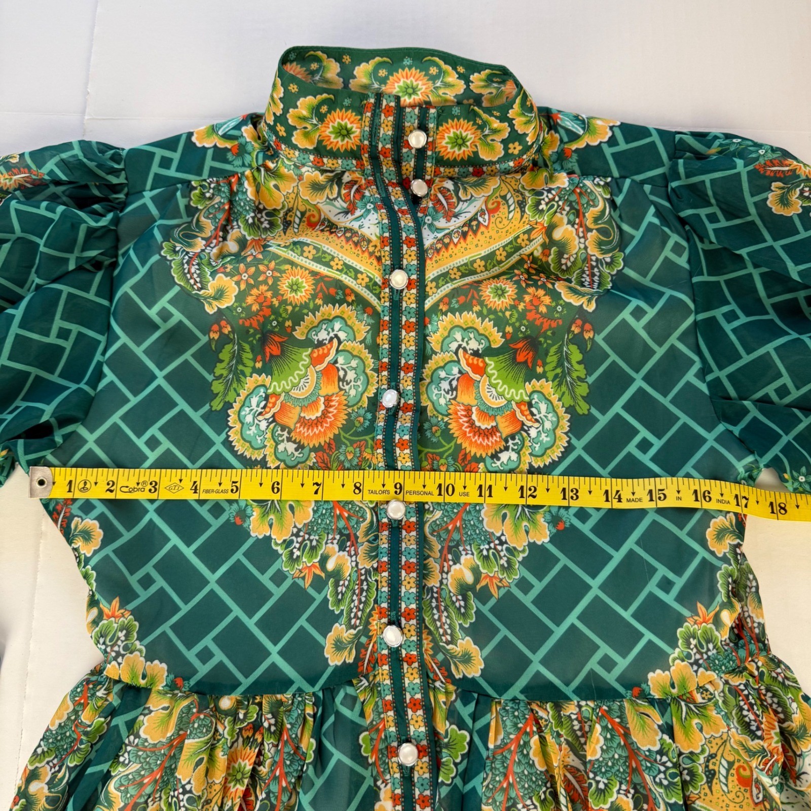 Dalia MacPhee Green Multi Floral Paisley Maxi Dress High Neck Puff Sleeve S New