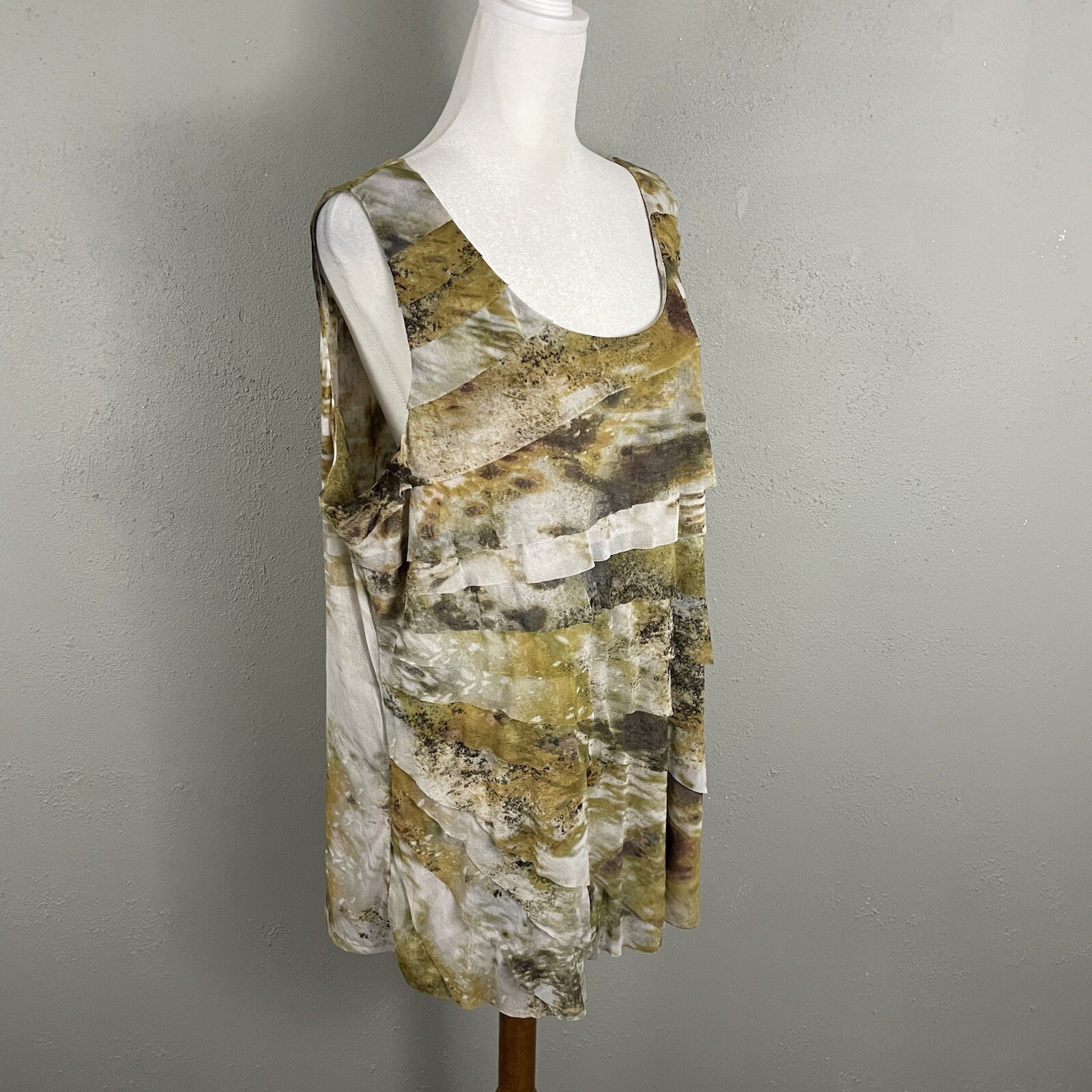 Coldwater Creek Plus Size 1X Mesh Top Layered Sleeveless Brown Mustard Multi