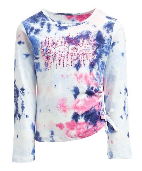 $29 Bebe Blue Tie-Dye Logo Ruched-Side Long-Sleeve Top Tie Dye S(7/8) NWOT