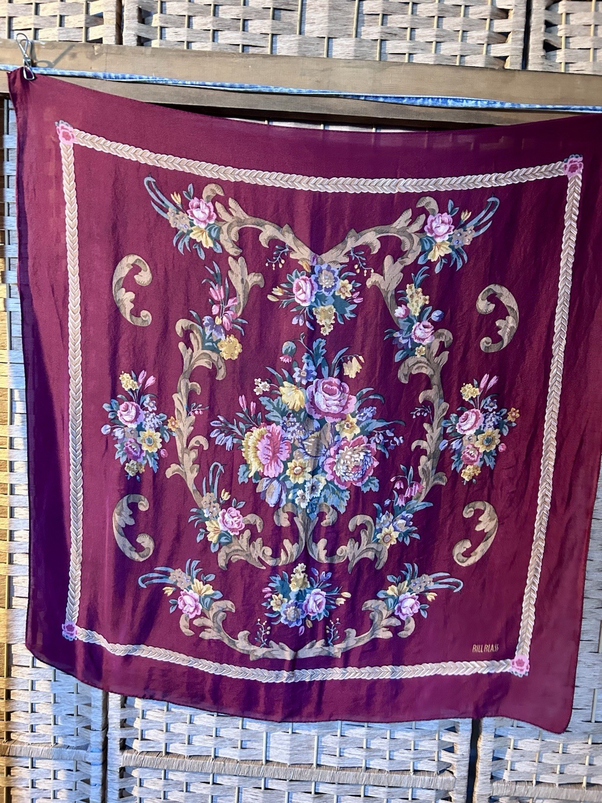 Vintage Bill Blass 90s Maroon Floral Silk Scarf 30in