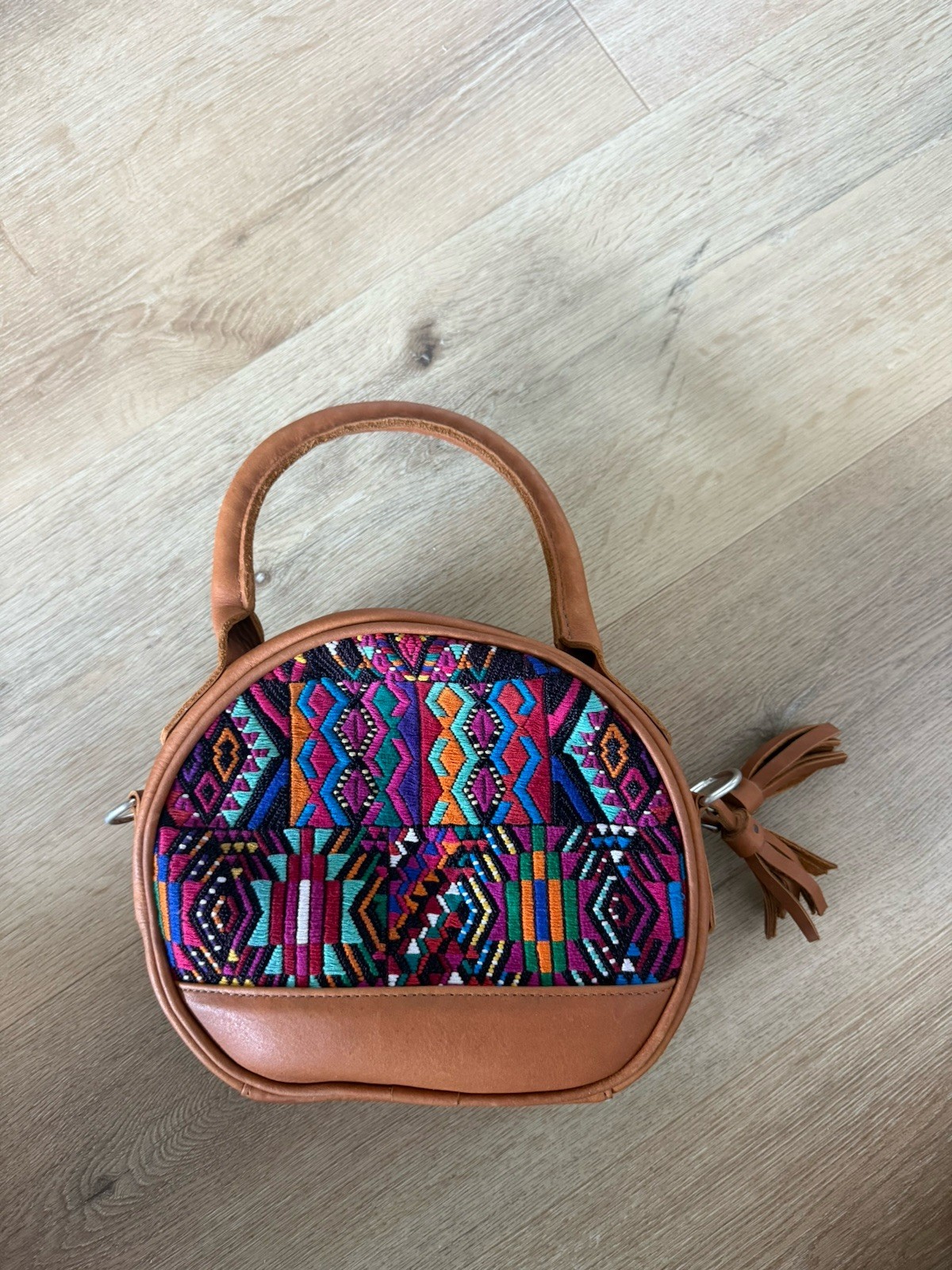Women’s Brown & Multicolor Geometric Boho Small Half Moon Crossbody Zip Bag