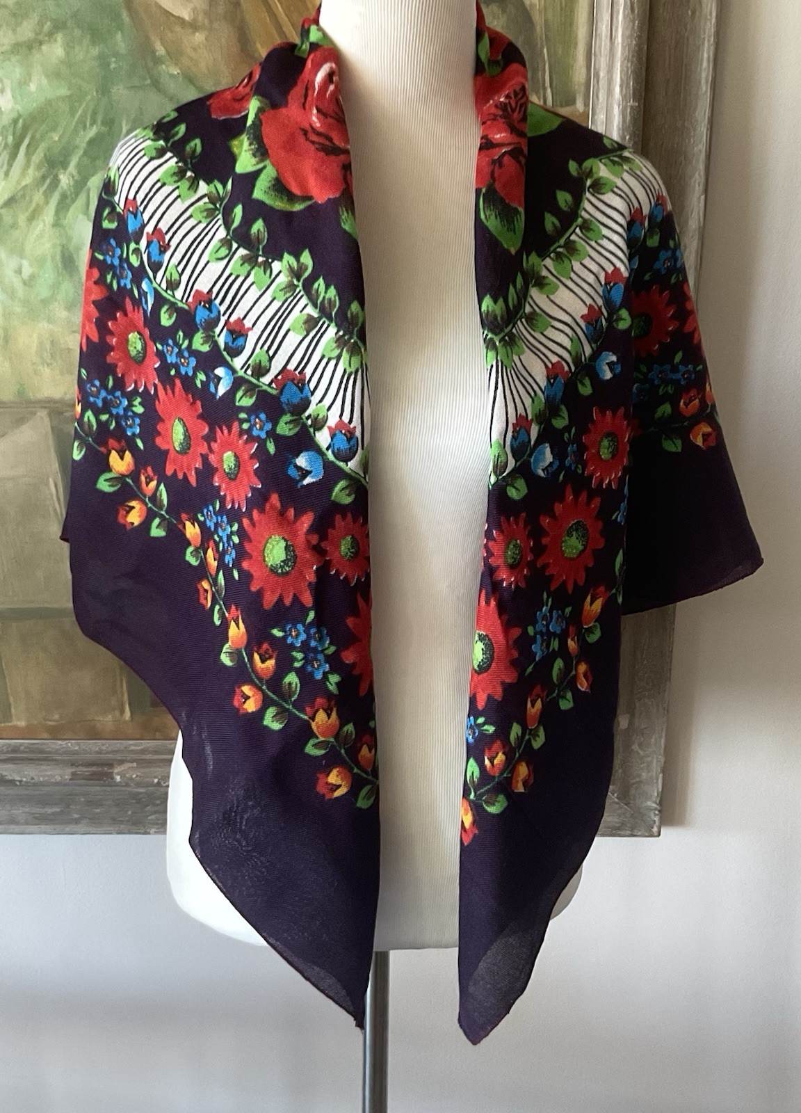 Vintage 42”x42” Vibrant Festive Multi-color Floral Scarf/Wrap/Shawl