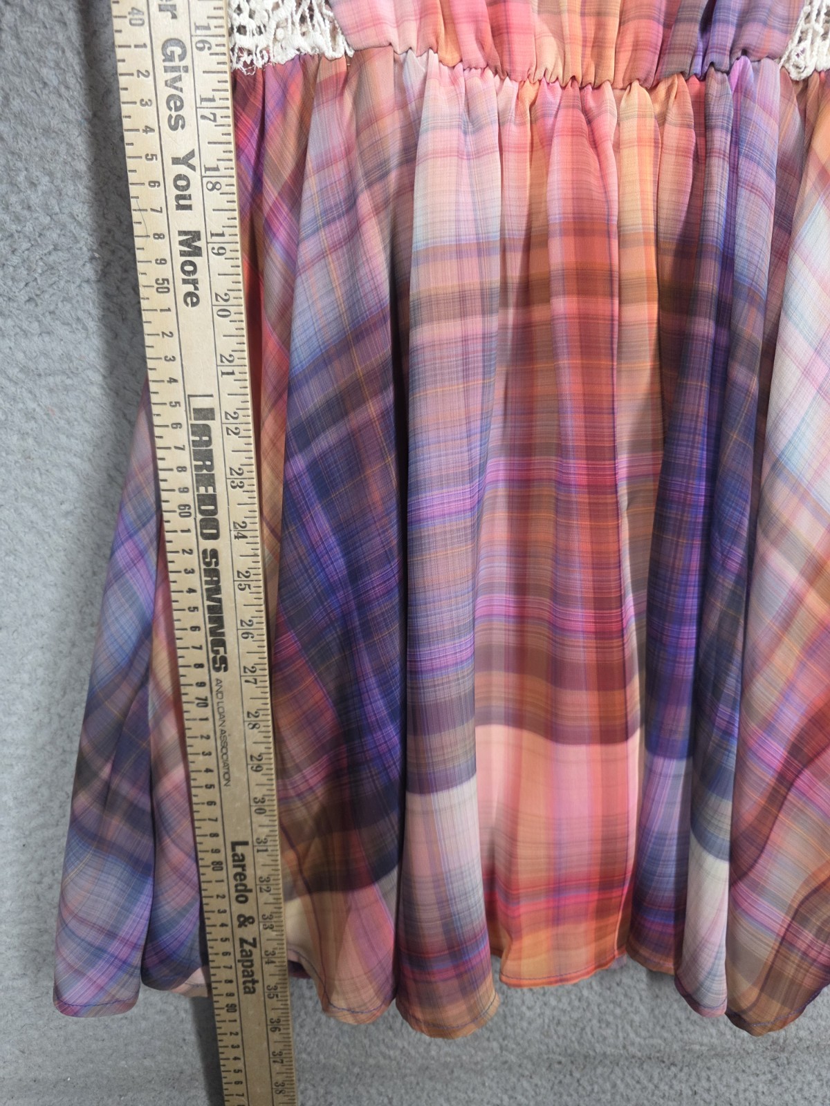 Plaid Fit And Flare Dress Medium GB Crochet Trim Orange Purple Sundress Knee Lgt