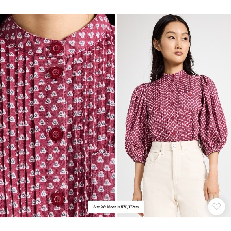 by TiMo Structured Cotton Shirt in Cranberry Floral Dots Medium Puff Sleeve